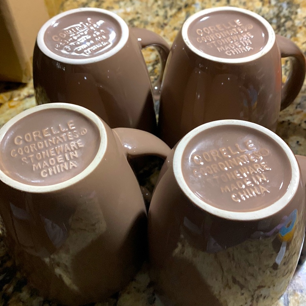4 Corelle light chocolate brown mugs